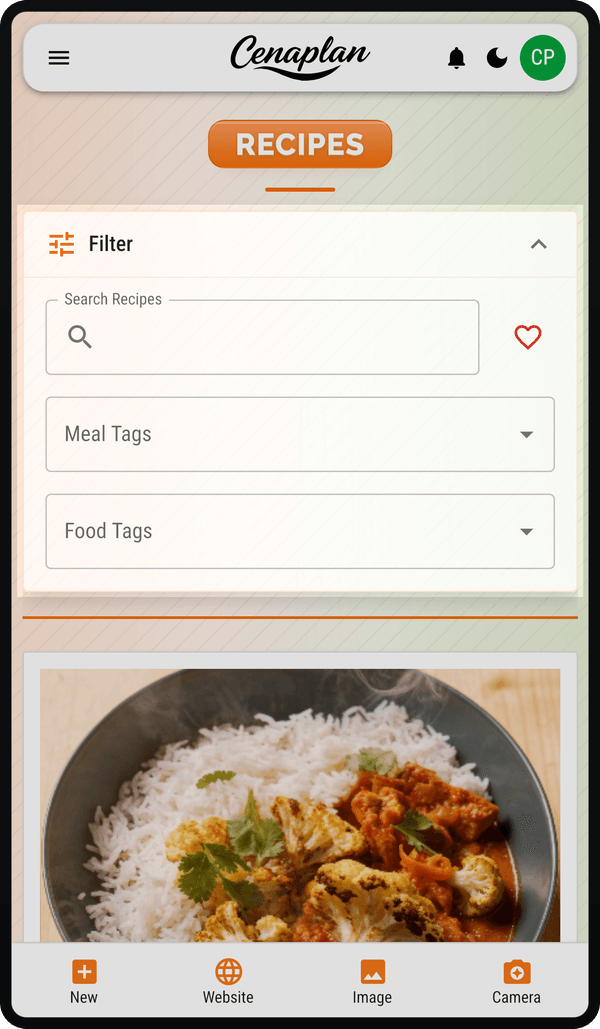 Filter panel with search, meal tags and food tags