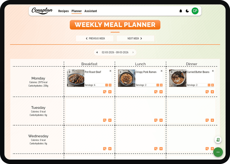 Weekly grid with meals and notes