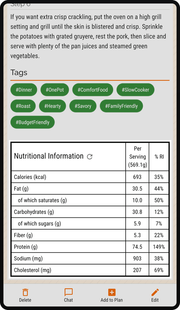 Recipe nutrition values view